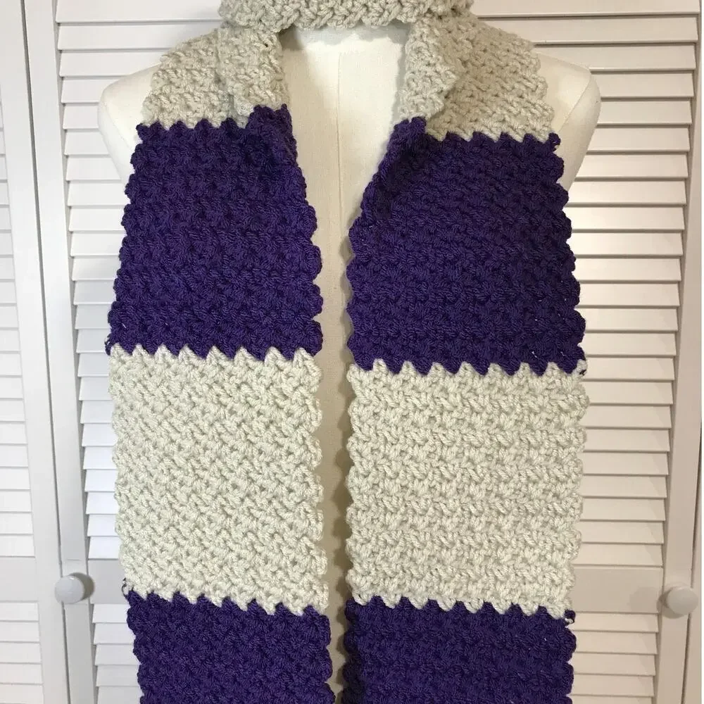 NWT Handmade Crochet Textured Winter Beige Purple Scarf 65” & Beanie